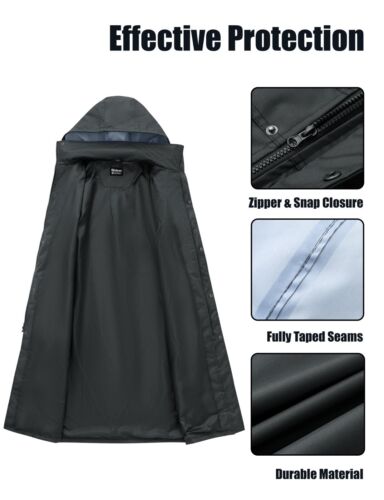 Men Black Waterproof Raincoat Long Rain Jacket Outdoor Trench Jacket Hooded - Picture 19 of 37