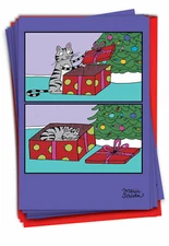12 Funny Merry Christmas Cards Pack (1 Design, 12 Cards) - Cat Present B1187