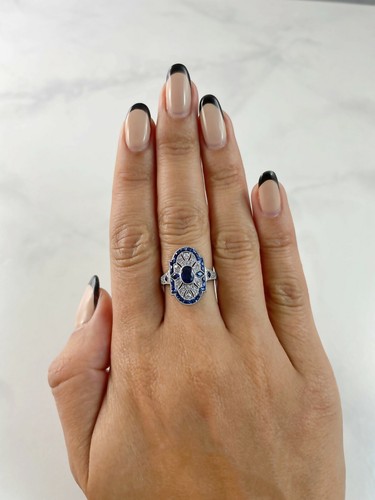 Ovalado Zafiro Azul Platino Diamante Anillo Art Déco Mano Antiguo Natural - Imagen 2 de 9