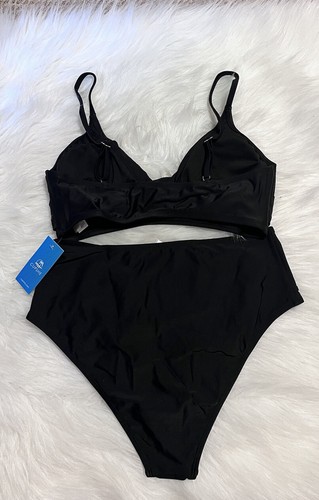 CUPSHE Conjunto de Traje de Baño Bikini Cintura Alta Cuello en V 2 Piezas Negro M (8-10) Nuevo con Etiquetas - Imagen 3 de 8