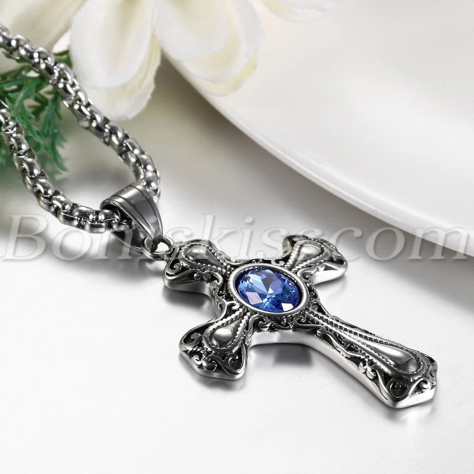 Colgante con incrustación de vidrio azul cruz de acero inoxidable para hombre collar cadena regalo Foto 2 de 4