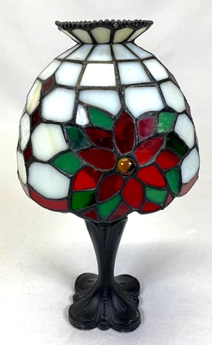 Vintage Stained Glass Candle Holder Poinsettia Tiffany Style Xmas PartyLite
