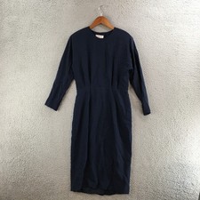 Talbots Petites Dress Womens 6P Navy Blue Silk Sheath Long Sleeve Back Button