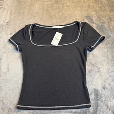 Lush Black Square Neck Short Sleeve Ribbed Stitch Fitted Top Women Small NWT