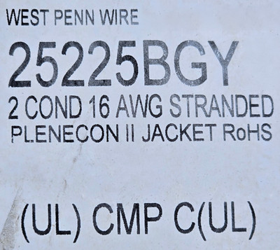 West Penn 25225B 16/2C Stranded Plenum Audio/Control Cable Gray /100ft