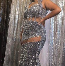 Stunning Silver Sequin Mermaid Gown for Prom; elegant night; sheer mesh panels