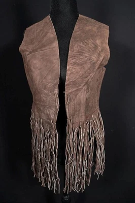 Gilet Vintage Cuir Marron Foncé À Franges 1960 Taille Small Excellent - Photo 1/2