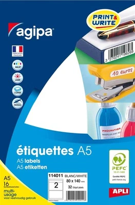[114011] Agipa Etui A5 ( 16F ) de 32 étiquettes multi-usage Permanentes 80x14... - Photo 1/2