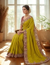 Embroiderd Art Silk Saree With Stitched Blouse Dark Green