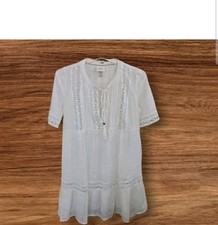 Knox Rose Sheer White Cotton Boho Short Sleeve Cover Up Babydoll Dress Sz Small