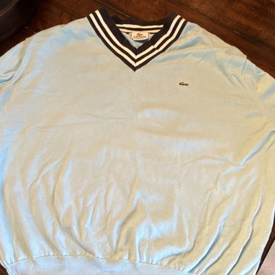 Lacoste Cotton Tight-Knit V-Neck Pullover Sweater Light Blue Logo Vintage