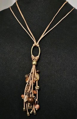 Chico's Long Suede Tassel Necklace Gold Tone Mixed Beaded Boho Pendant Vintage