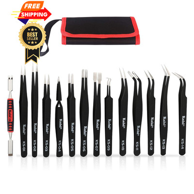 Kaisi 13 PCS Precision Tweezers Set Anti-Static ESD Kit with Black