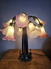 Vintage Tiffany Style Pond Lily Pad & Tulip 12 Light Table Lamp Bronze Cranberry