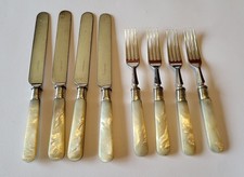 Set x8 antique Henry Fowler Mother of Pearl EP & Sterling silver knives & forks