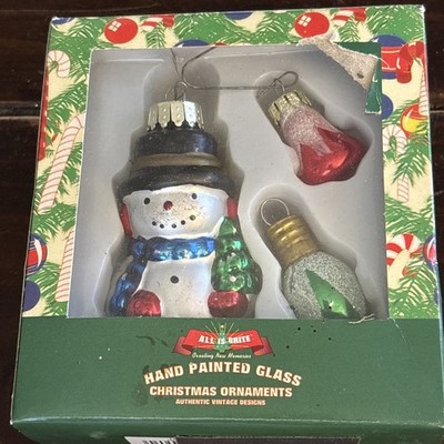 All is Brite Ornaments Hand Painted Glass Snowman & Ball All Is Brite  NEW