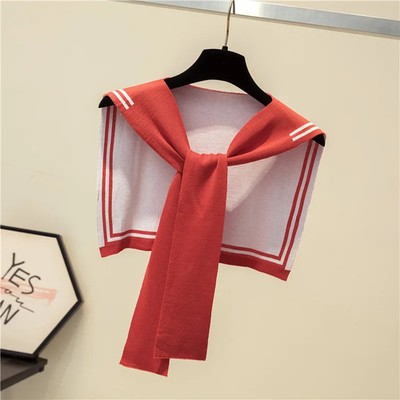 Korean College Navy Stripe Wool Knit Shoulder Cape Knotted Warm Overlapping