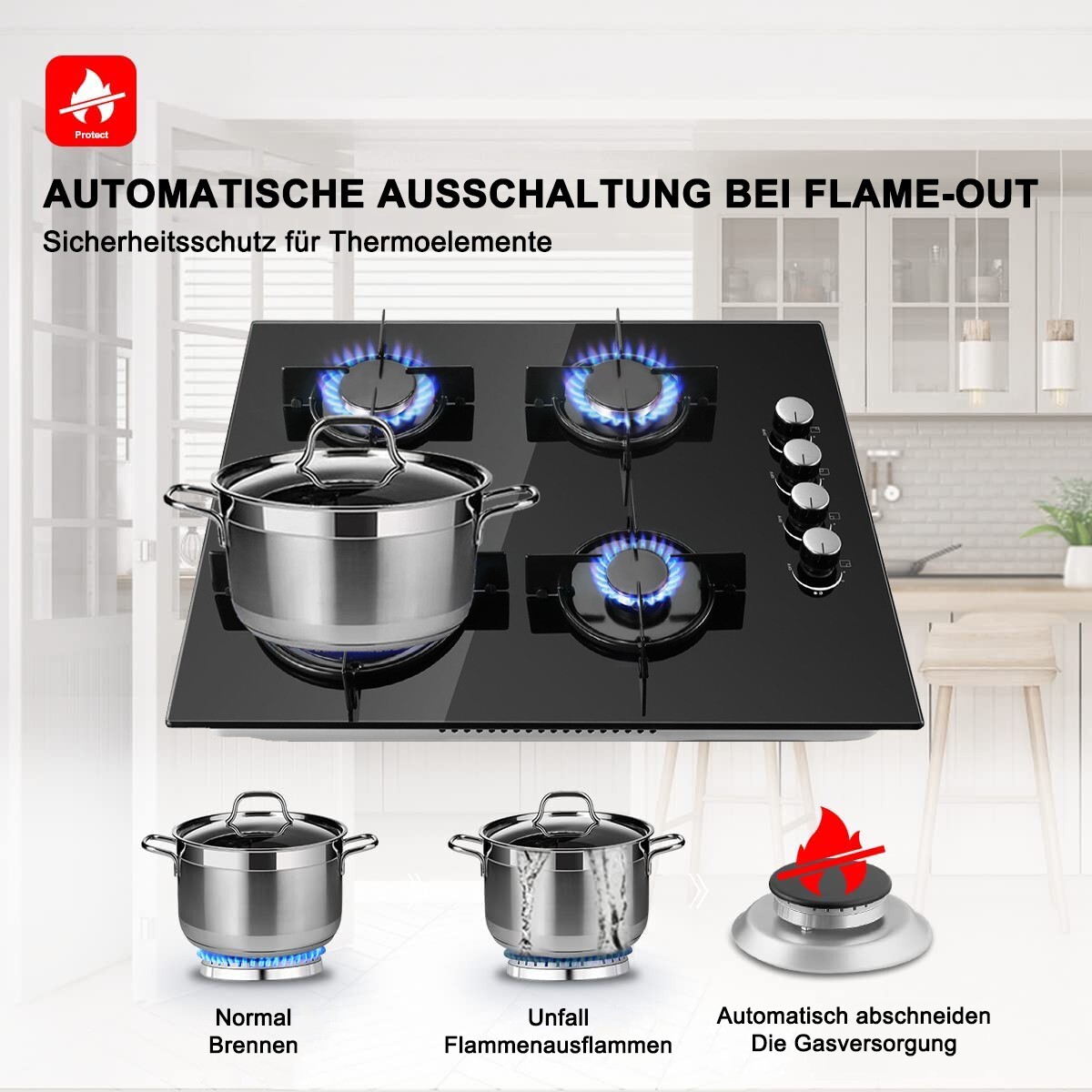 Table de cuisson gaz 60 cm en vitrocéramique robuste pour cuisine moderne