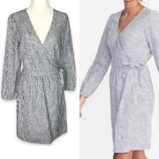 Old Navy S Navy White Vertical Stripe Genuine Wrap Dress Long Sleeve V-Neck Boho