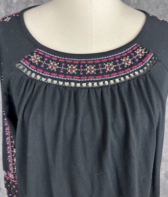 J Jill Black Embroidered L/S Peasant Style Top sz L (12872) | eBay