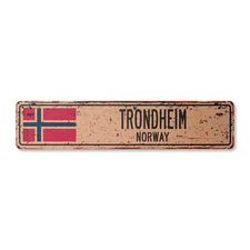 TRONDHEIM NORWAY Vintage Street Sign Norwegian flag city country road rustic