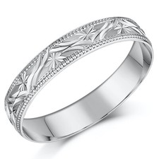 9ct White Gold Leaf Design & Beaded Edge 'D' Shaped Wedding Ring Heavy Weight