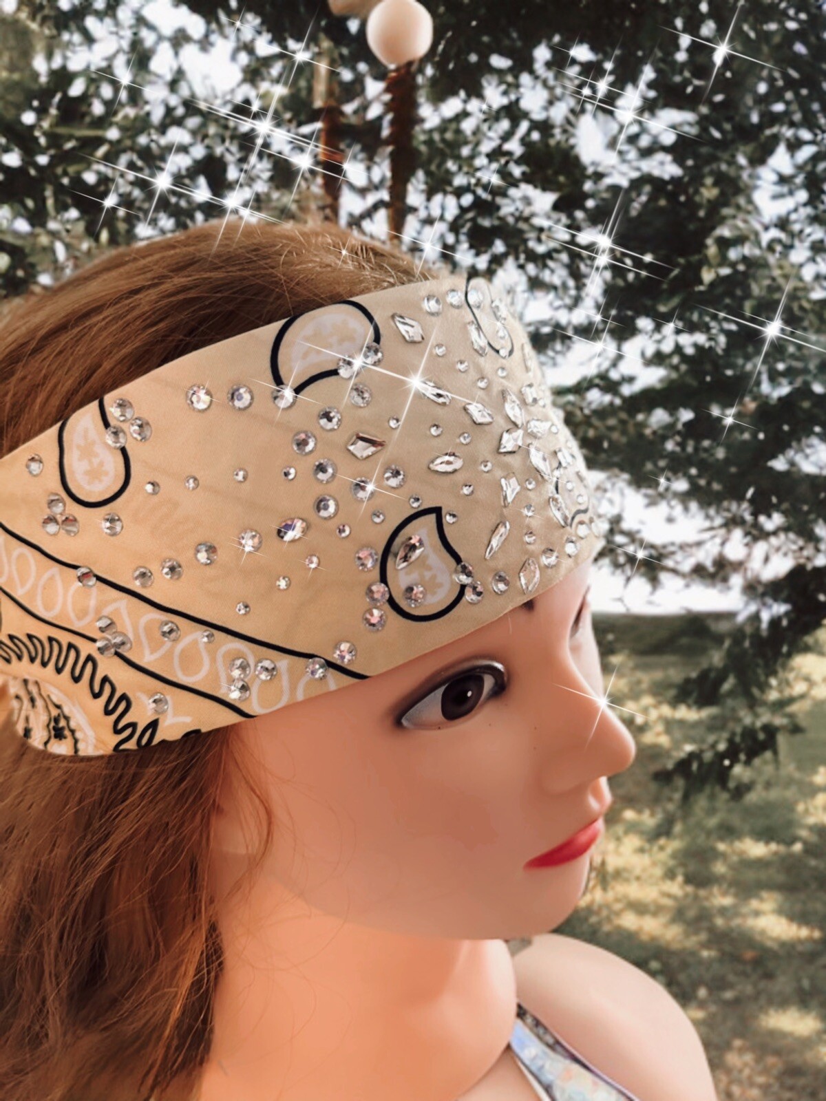 Beautiful Cream Colored Rhinestone Bandana Headband, Handmade One Of