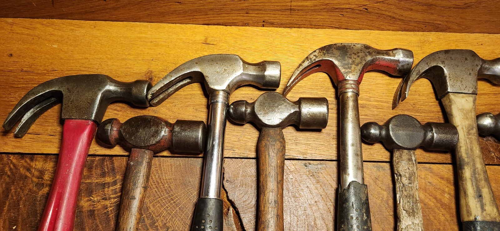 Lot of 9 Vintage Hammers, Claw and Ball Peen, Various Sizes, Used