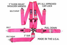 RJS RACING SFI 16.1 CAM LOCK 5 PT SEAT BELT HARNESS FLOOR MOUNT HOT PINK 1034910