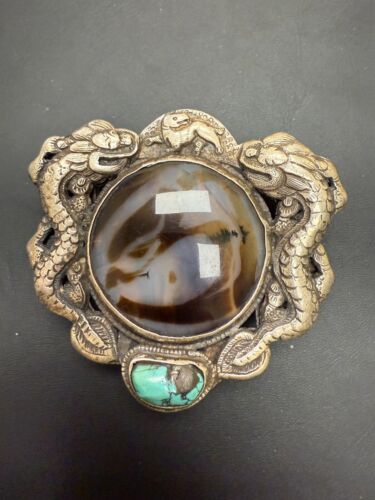 Sterling Silver Repousse Turquoise TIGERS EYE? Dragon Belt Buckle 88.1G