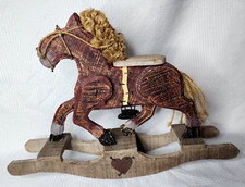 Vintage Wooden Rocking Horse With Saddle Rope Mane Hand made Nail Details 16x11