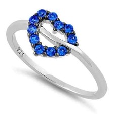 Sterling Silver 925 Bright Blue Rhinestone Heart Shape Stunning Ring Size 8