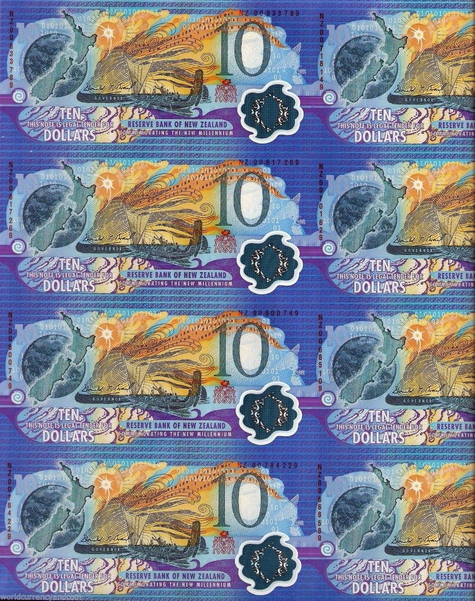 NEW ZEALAND $10 P-190 2000 UNCUT COMPLETE SHEET of 20