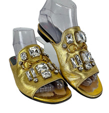 Gucci Auth 6.5 US 36.5 EU Gold Leather Gold Horsebit Crystals Sandals Shoes Flat