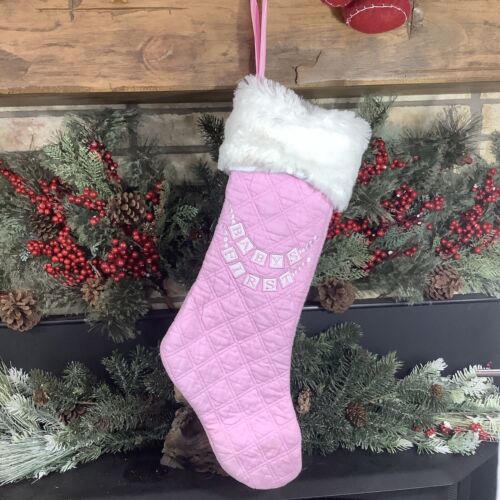 Sugar Plum Dreams Quilted Pink Christmas Stocking Baby’s First Girl Fur Cuff - Picture 1 of 2