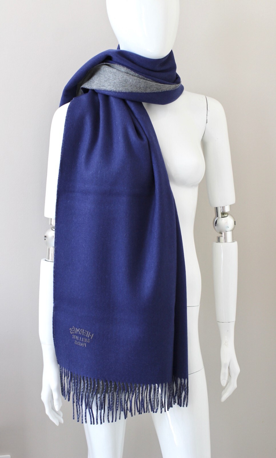 HERMES Double Face 100percent Cashmere wide big scarf stole grey blue jean 175x70cm