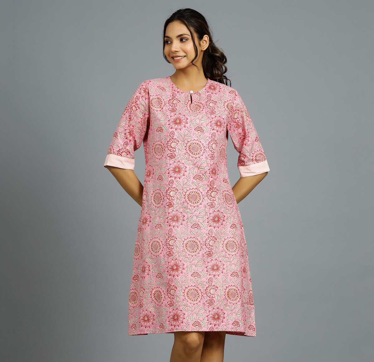 Womens Cotton Printed Summer Mini Dress Ladies Short Sleeve Casual Pink  Dresses | eBay