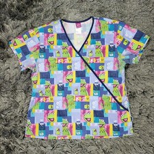 Disney Muppets Kermit The Frog Scrub Top Womens Medium Blue Medical Pockets Logo