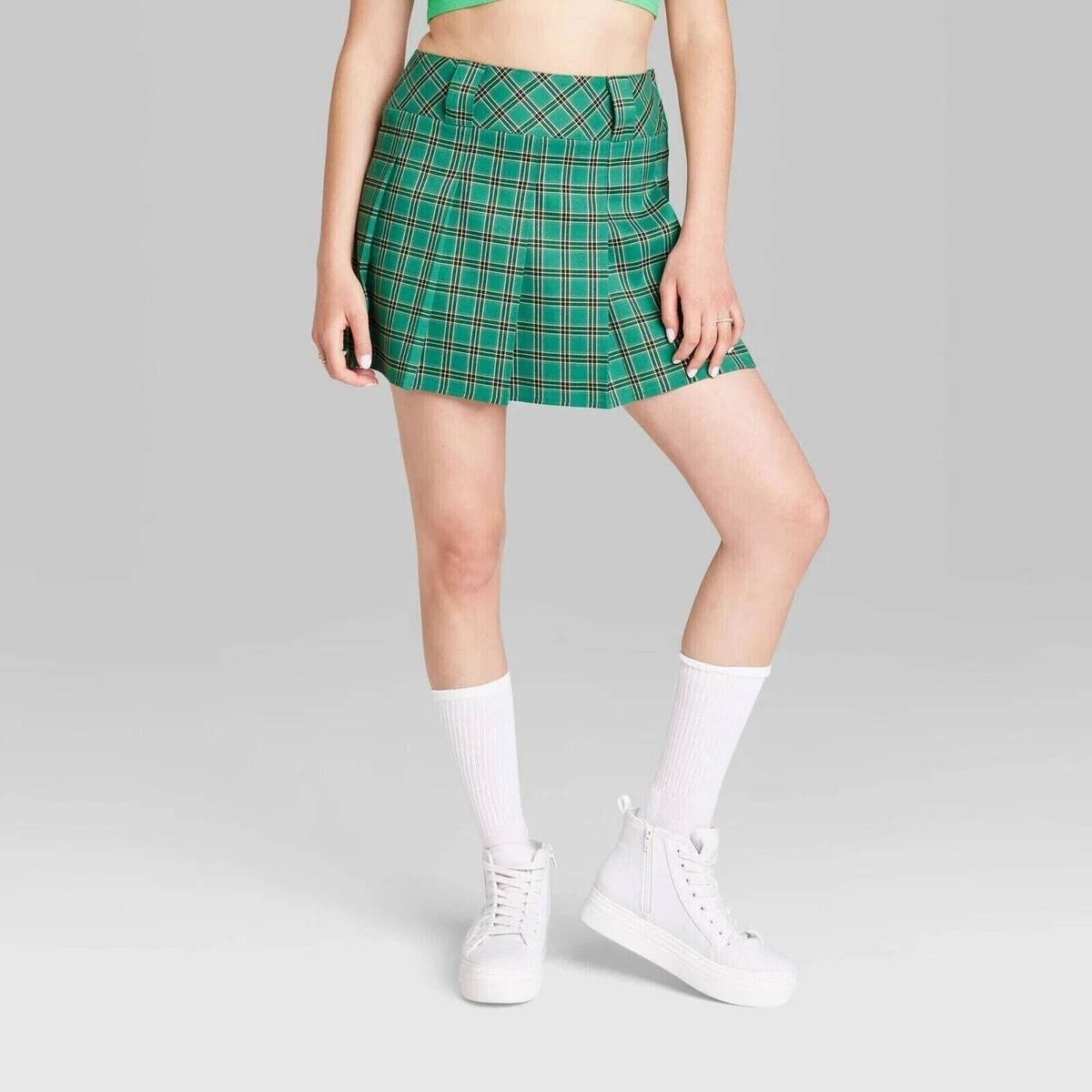 Women s Low Rise Pleated Mini Skirt Wild Fable Emerald Green Plaid Size M Medium