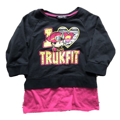 Trukfit Girls Black Pink Layered Top Size L 12/14 I Heart Trukfit Studs 