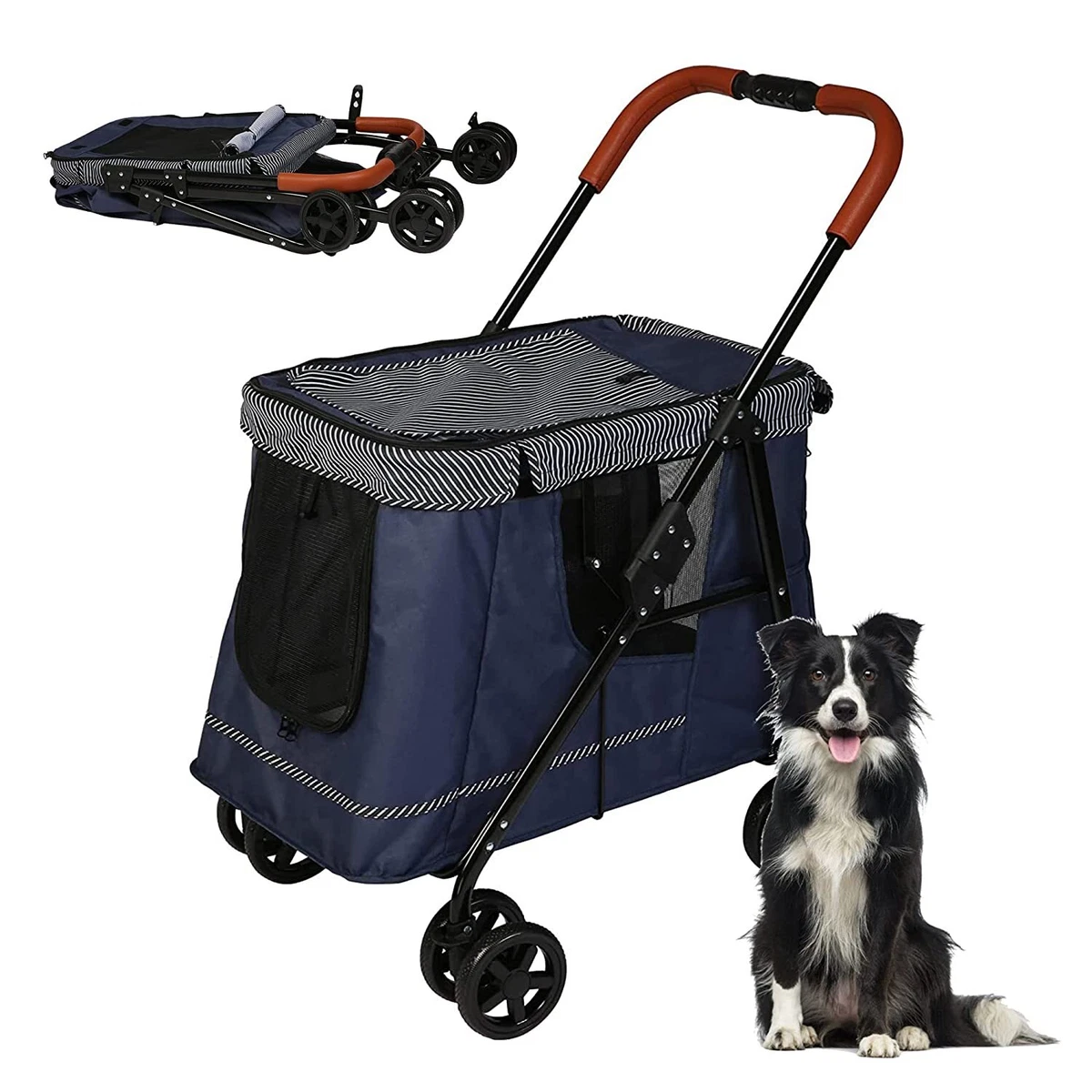 4 Wheel Folding Luxury Dog Stroller Cat Traveling Strolling Cart  Black/Silver