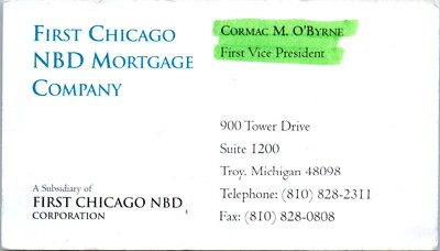 Cormac M. O'Byrne First Chicago NBD Mortgage Co Troy Michigan Business Card