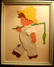 Vintage Art 1940s "FISHING BOY" WOOL FELT & PAPER COLLAGE Original Frame & Glass