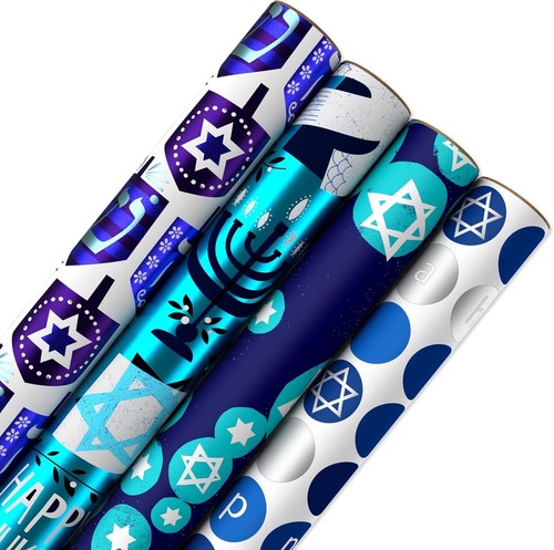 Reversible Hanukkah Wrapping Paper, Dreidel, Menorah & Star of David (4 Roles) - Picture 2 of 8