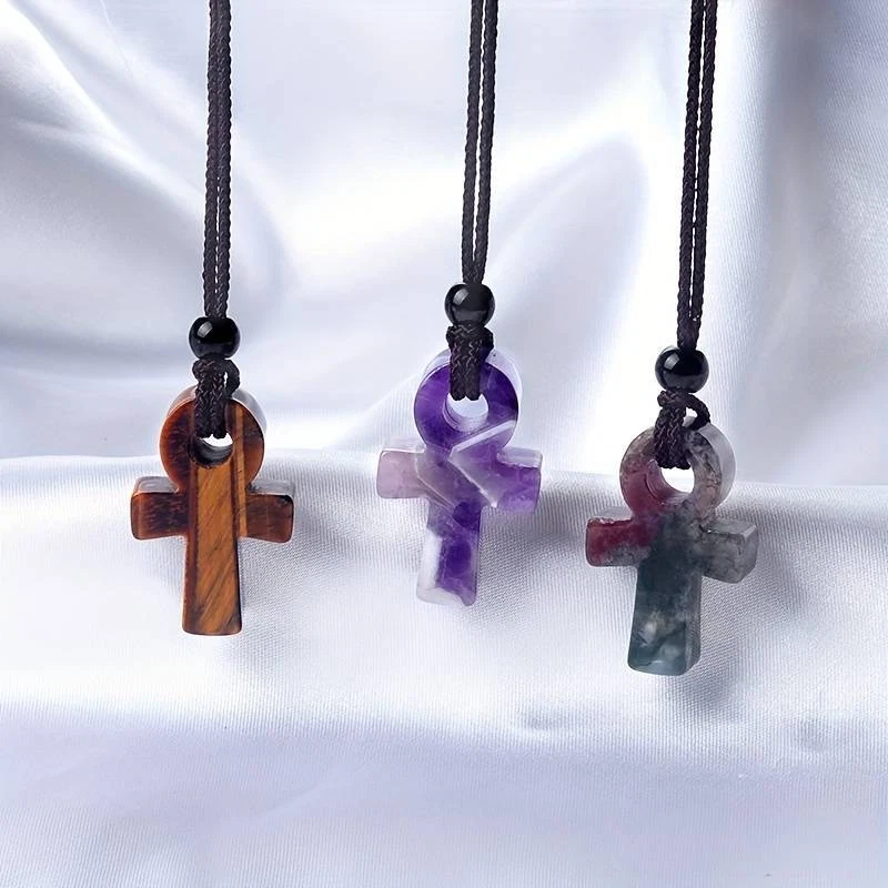 Naturstein Halbedelstein Ankh Anch ägyptisches Kreuz Anhänger Kette Halsband - Bild 3 von 4