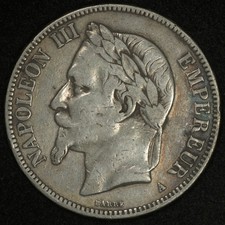 1867-A FRANCE 5 FRANCS SILVER 0.7234oz ASW KM-799.1