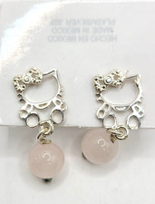 Hello Kitty Rose Quartz Dangling Stud 925 Sterling Silver Earrings