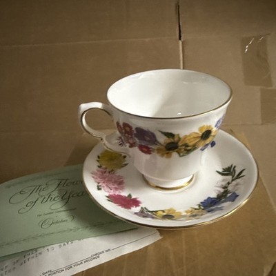 Franklin Mint Bone China Tasse & Untertasse Blumen des Jahres Oktober 1984 