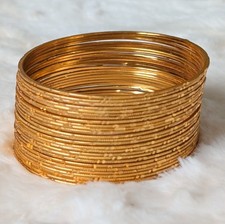 26 Gold Tone Metal Bangle Bracelet Set, Textured Round Design, No Stones, 8.5