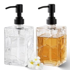 Clear Glass Soap Dispenser Set - 2 Pack 13 Oz Square Pump Bottles for Home  Bat